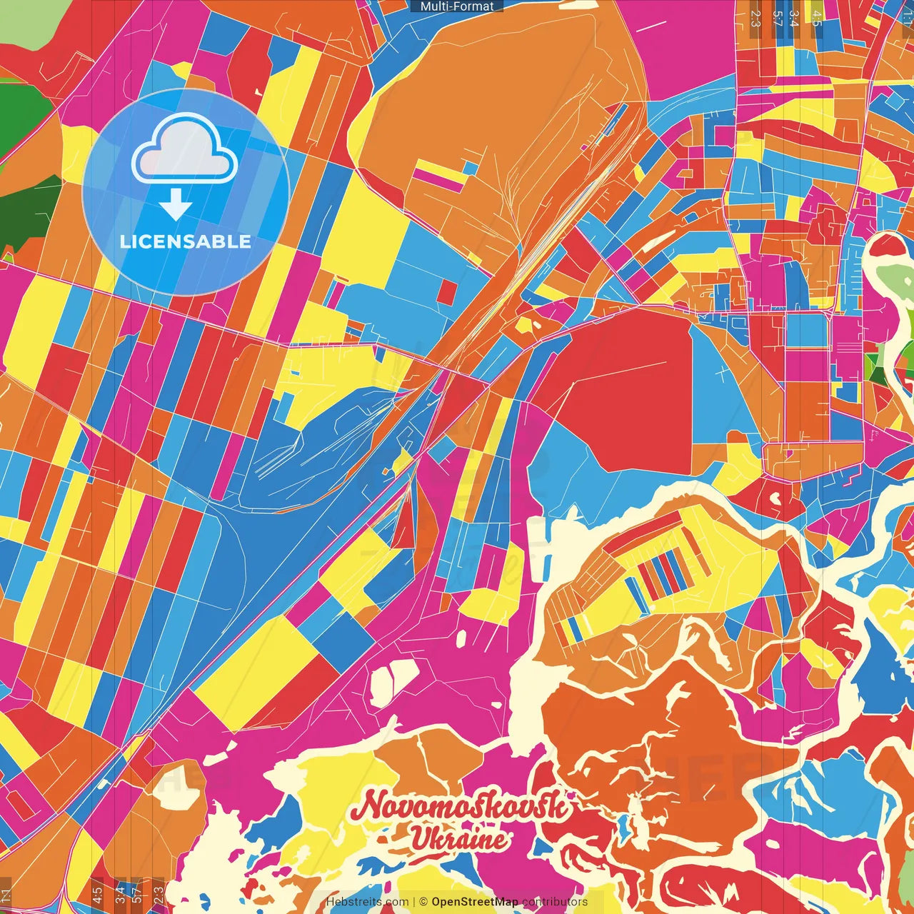 Novomoskovsk, Dnipropetrovsk Oblast, Ukraine Crazy Colorful Street Map Poster Template