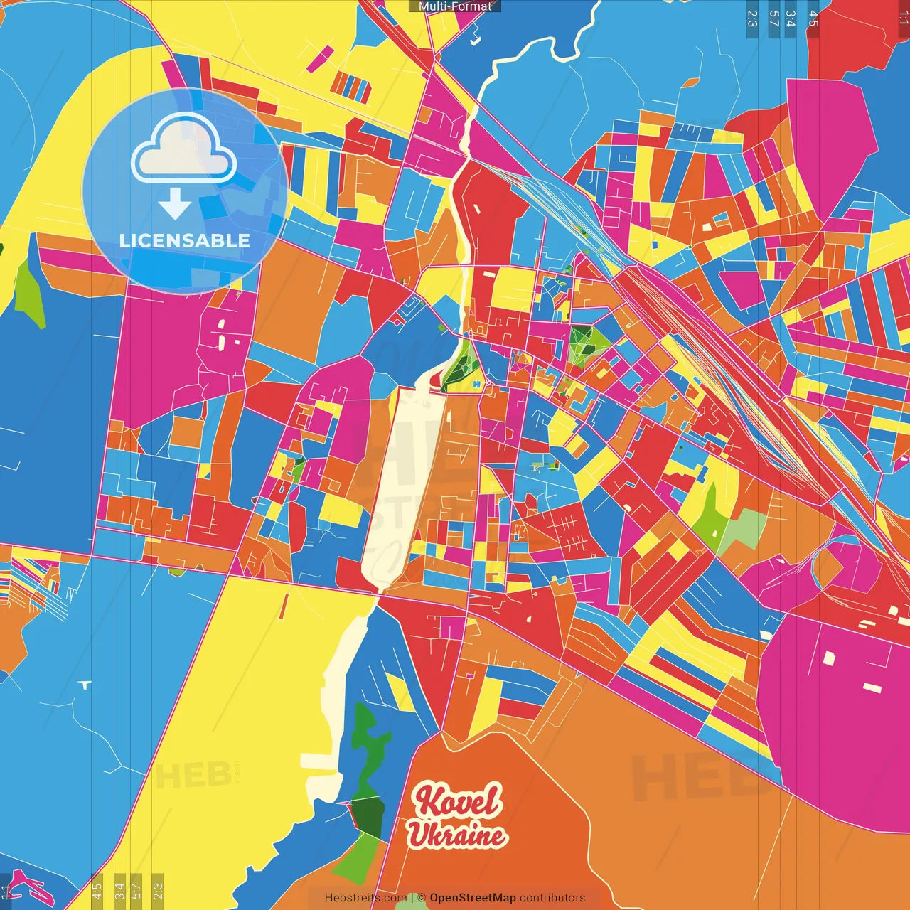 Kovel, Volyn Oblast, Ukraine Crazy Colorful Street Map Poster Template