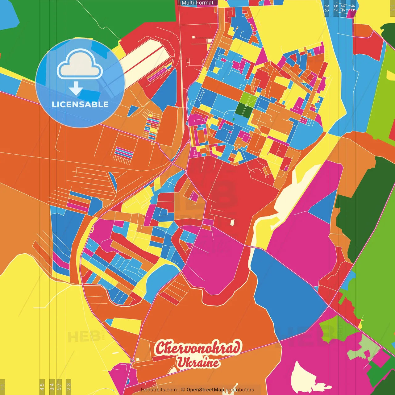 Chervonohrad, Lviv Oblast, Ukraine Crazy Colorful Street Map Poster Template