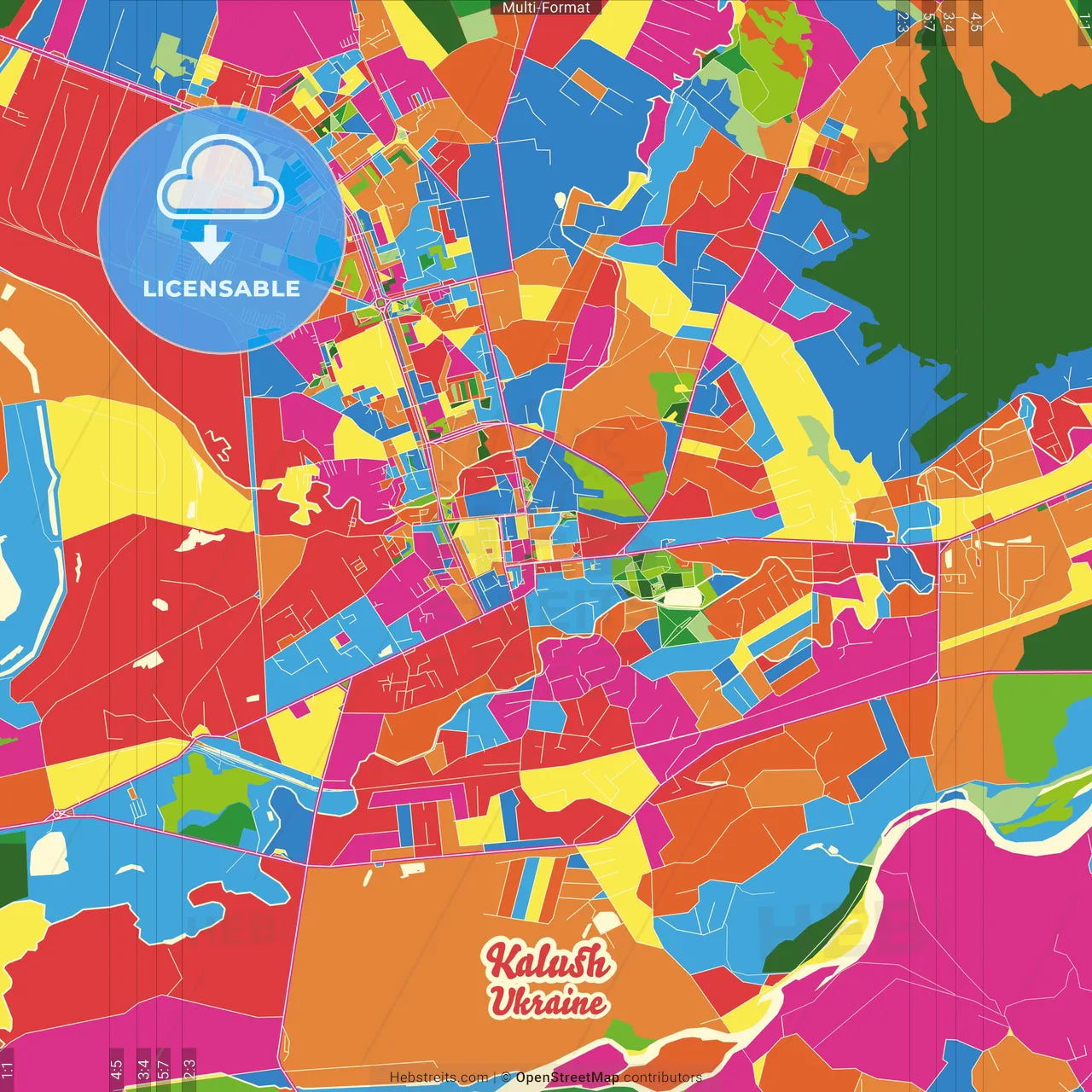 Kalush, Ivano-Frankivsk Oblast, Ukraine Crazy Colorful Street Map Poster Template