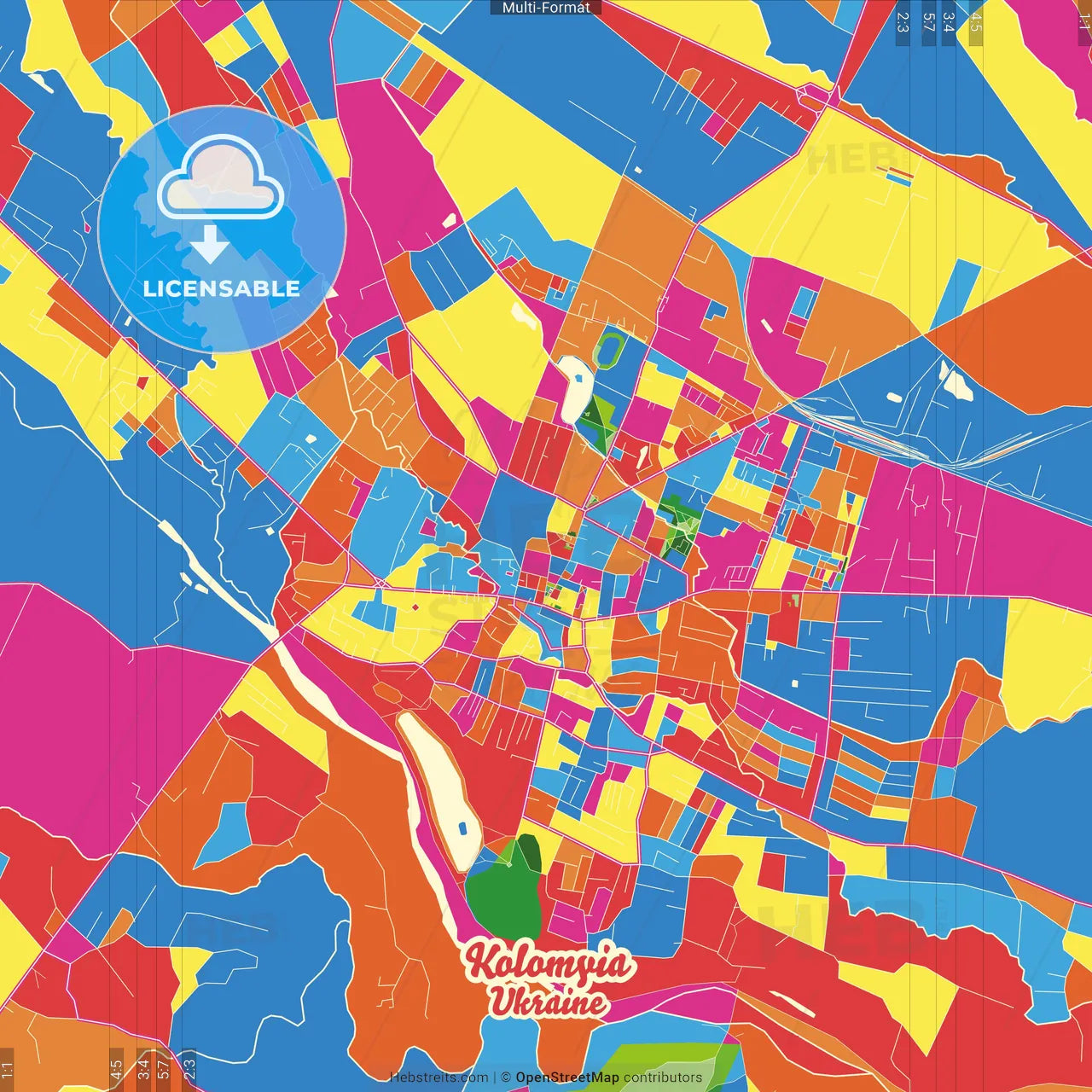 Kolomyia, Ivano-Frankivsk Oblast, Ukraine Crazy Colorful Street Map Poster Template