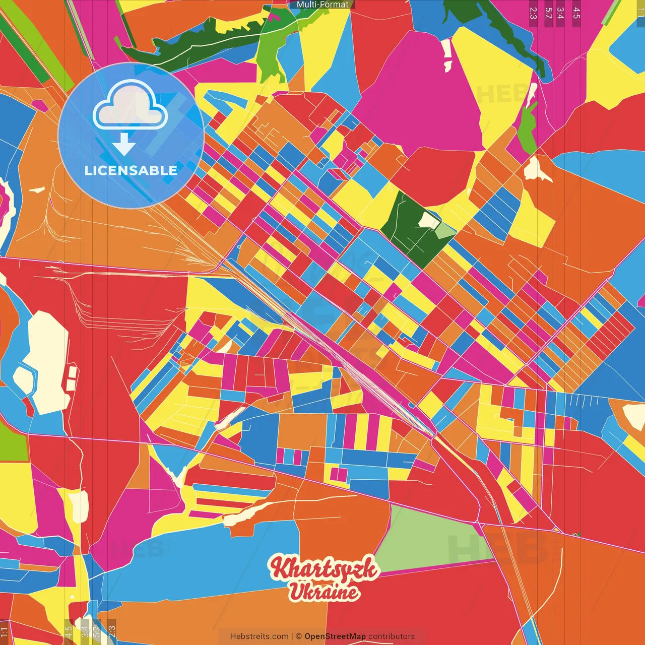 Khartsyzk, Donetsk Oblast, Ukraine Crazy Colorful Street Map Poster Template