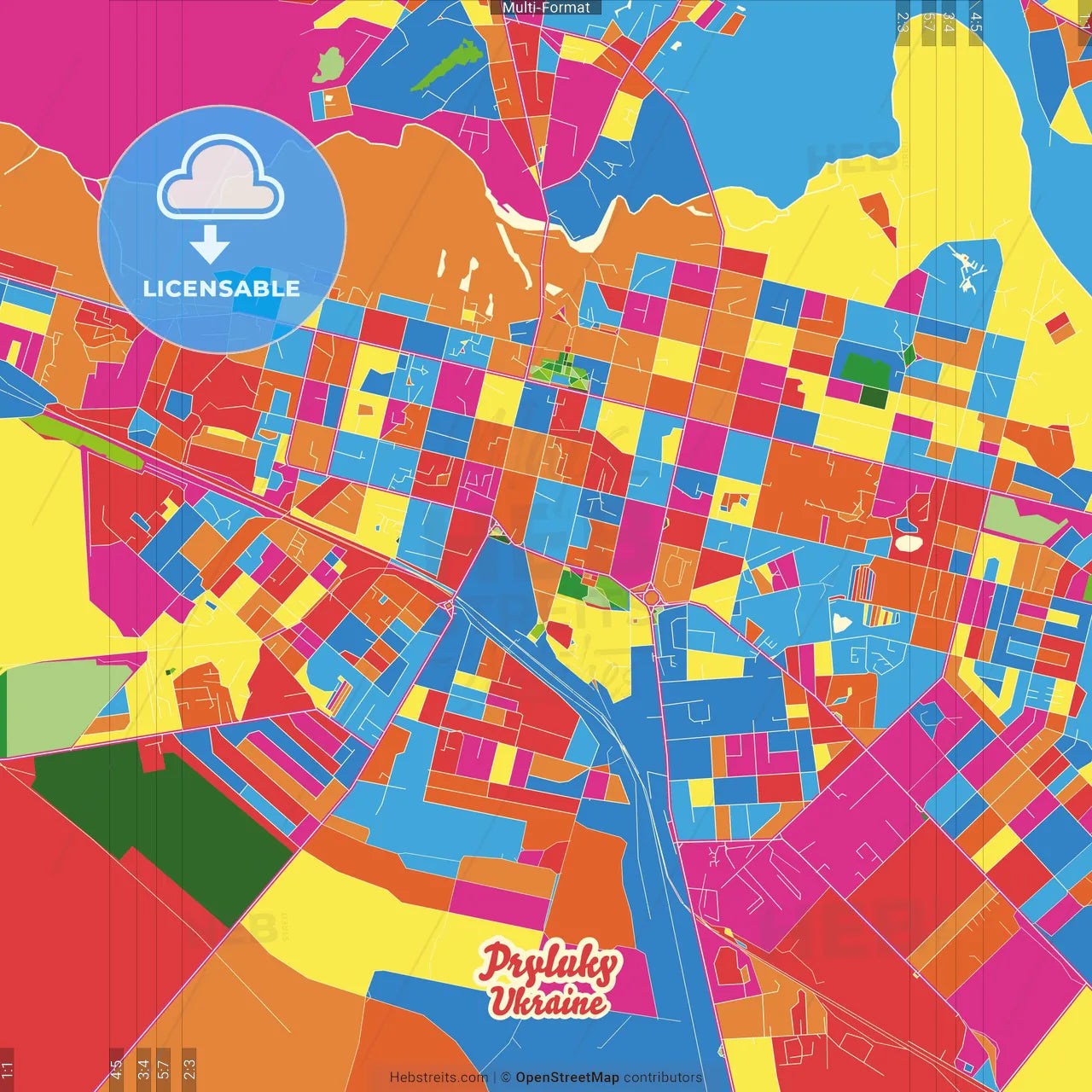 Pryluky, Chernihiv Oblast, Ukraine Crazy Colorful Street Map Poster Template