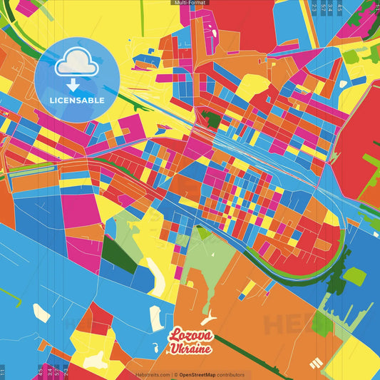 Lozova, Kharkiv Oblast, Ukraine Crazy Colorful Street Map Poster Template