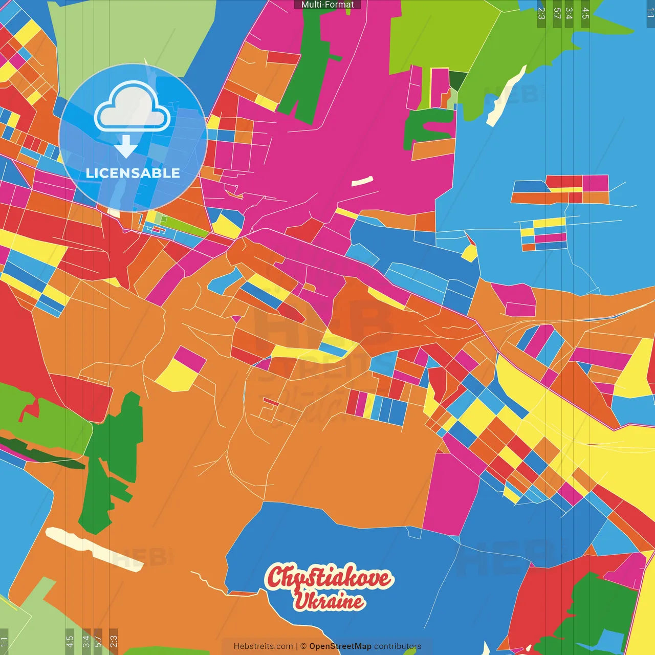 Chystiakove, Donetsk Oblast, Ukraine Crazy Colorful Street Map Poster Template