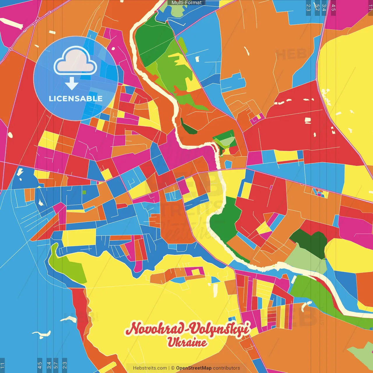 Novohrad-Volynskyi, Zhytomyr Oblast, Ukraine Crazy Colorful Street Map Poster Template