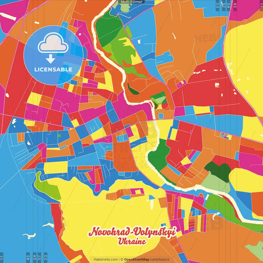 Novohrad-Volynskyi, Zhytomyr Oblast, Ukraine Crazy Colorful Street Map Poster Template