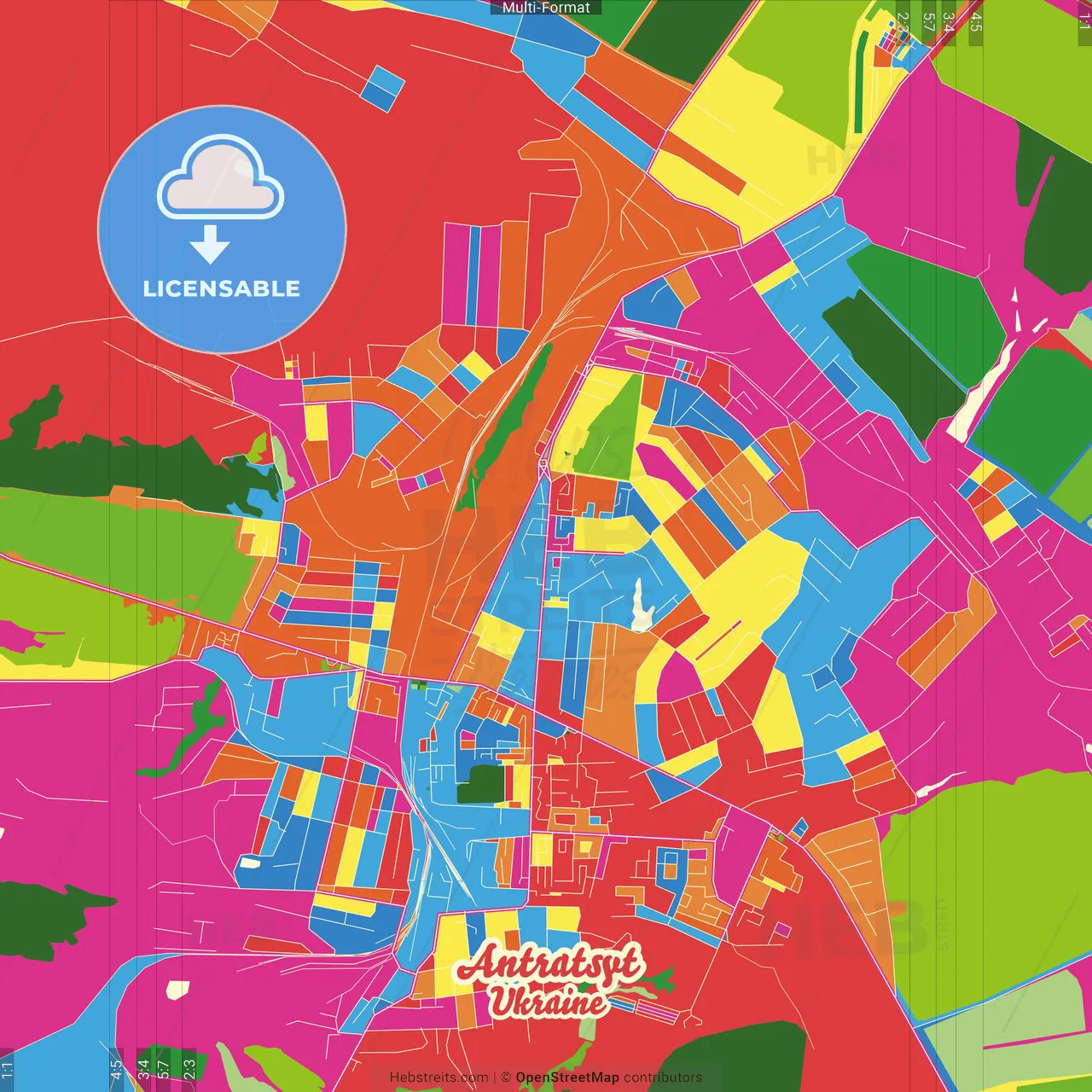 Antratsyt, Luhansk Oblast, Ukraine Crazy Colorful Street Map Poster Template