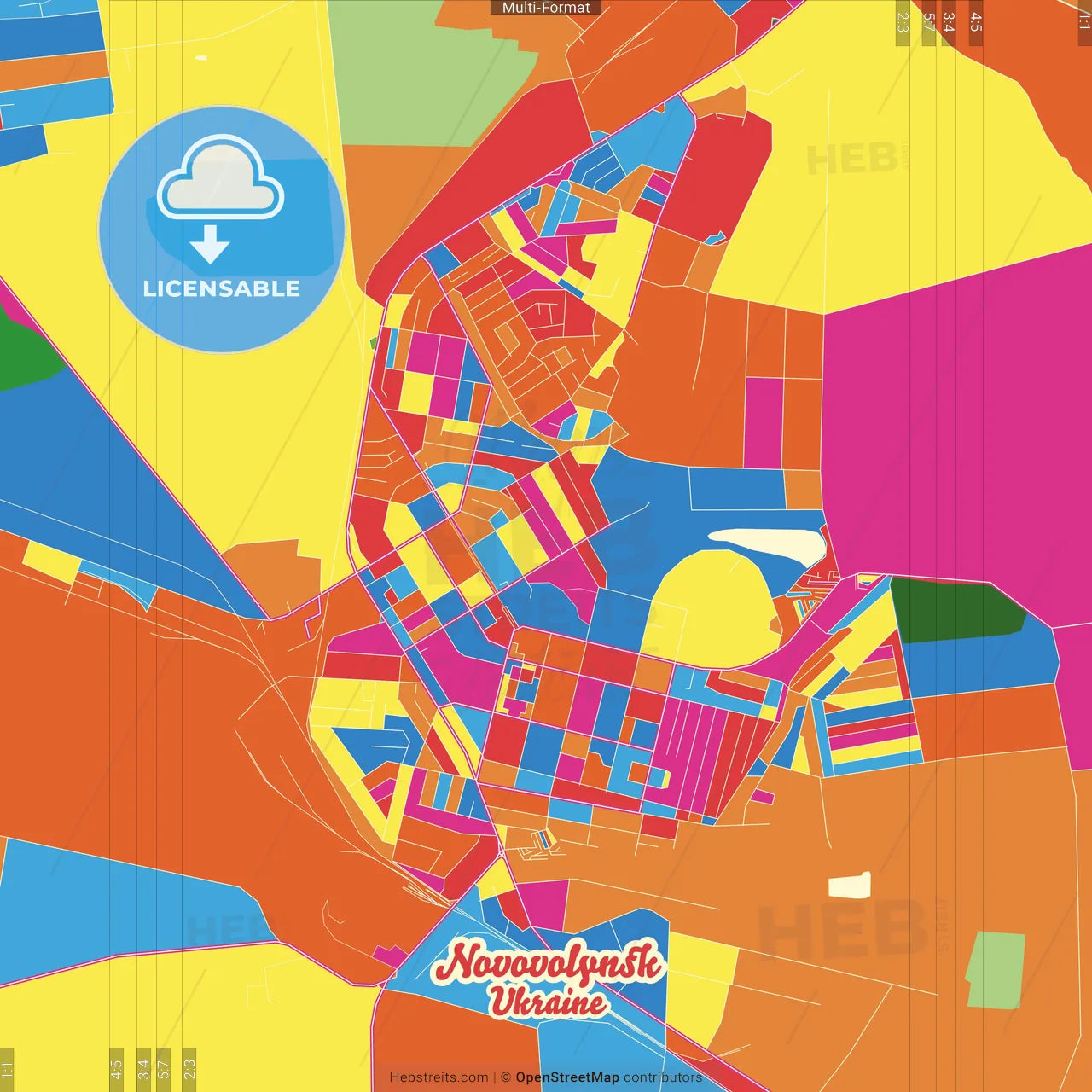 Novovolynsk, Volyn Oblast, Ukraine Crazy Colorful Street Map Poster Template