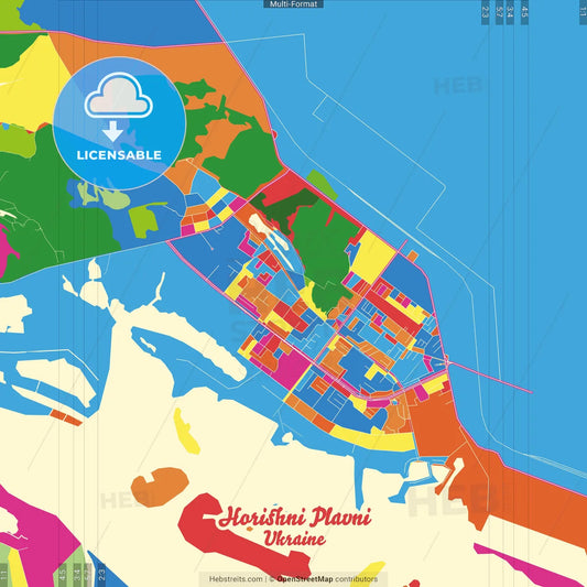 Horishni Plavni, Poltava Oblast, Ukraine Crazy Colorful Street Map Poster Template