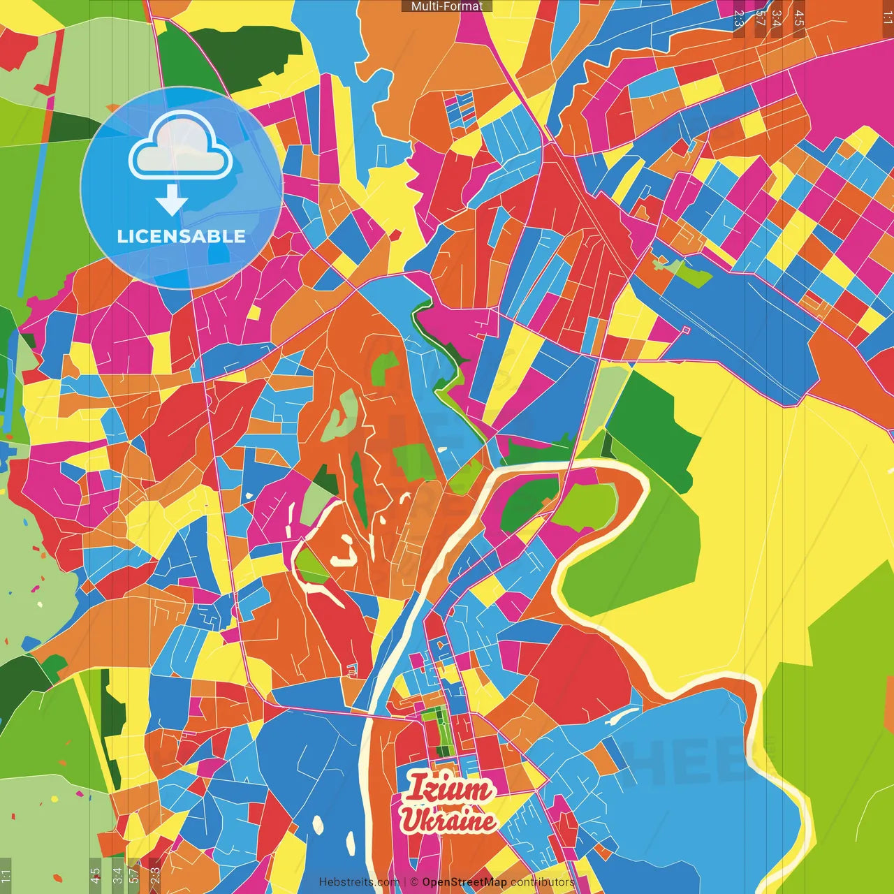 Izium, Kharkiv Oblast, Ukraine Crazy Colorful Street Map Poster Template