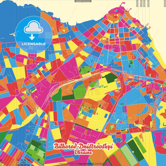 Bilhorod-Dnistrovskyi, Odessa Oblast, Ukraine Crazy Colorful Street Map Poster Template