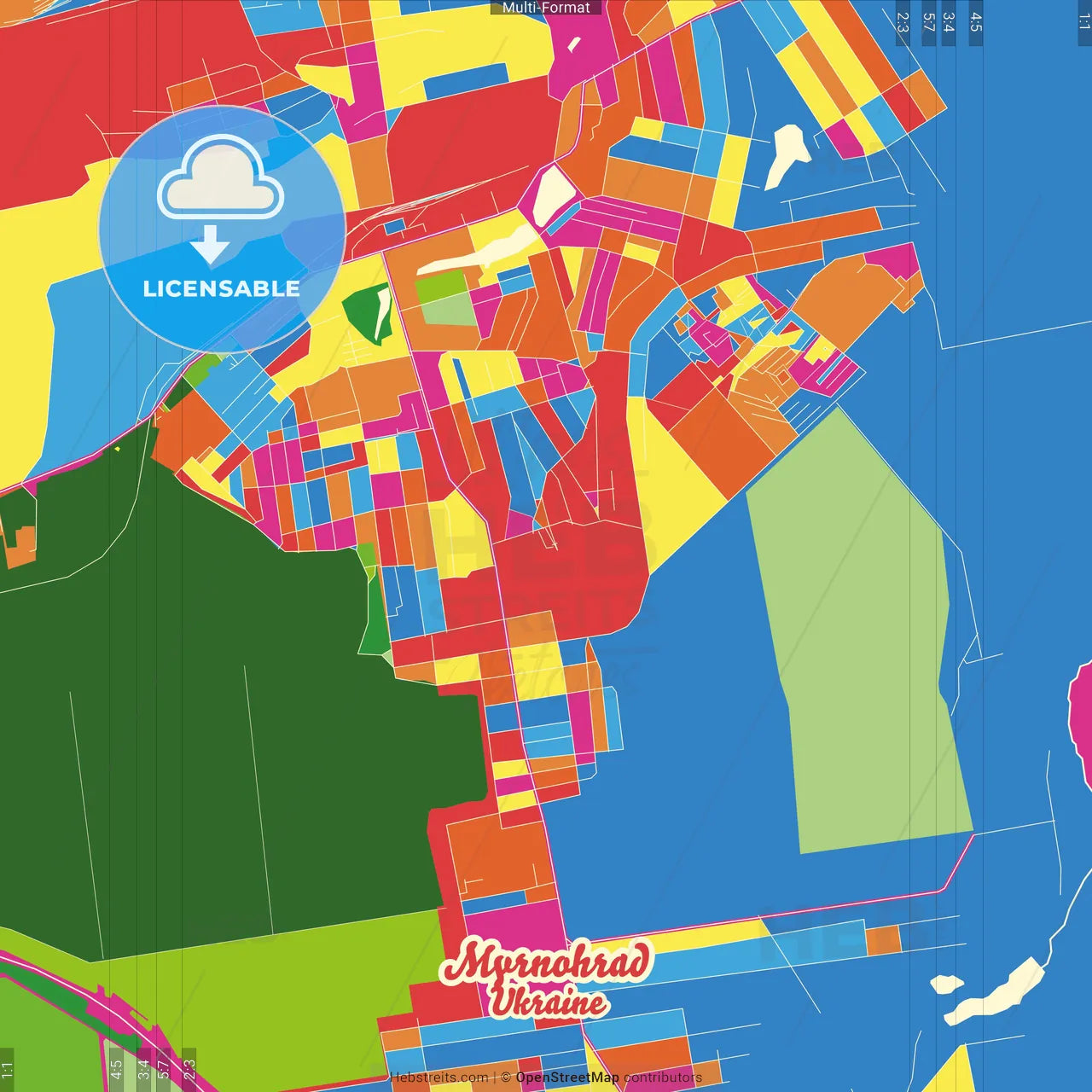 Myrnohrad, Donetsk Oblast, Ukraine Crazy Colorful Street Map Poster Template
