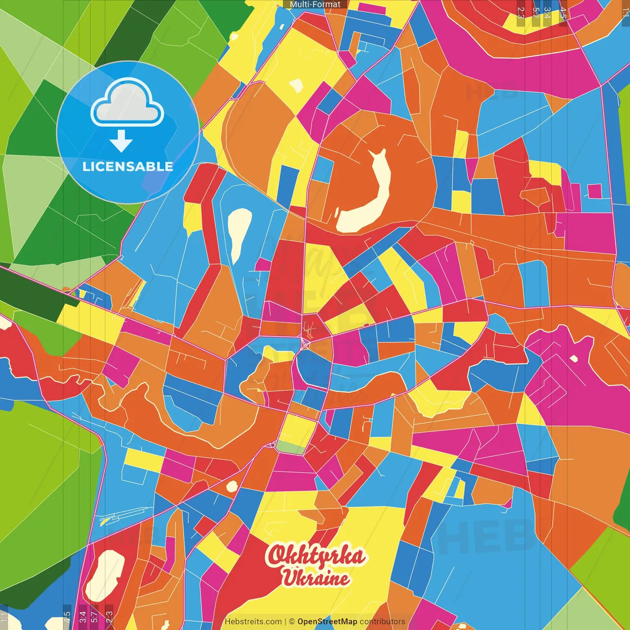 Okhtyrka, Sumy Oblast, Ukraine Crazy Colorful Street Map Poster Template