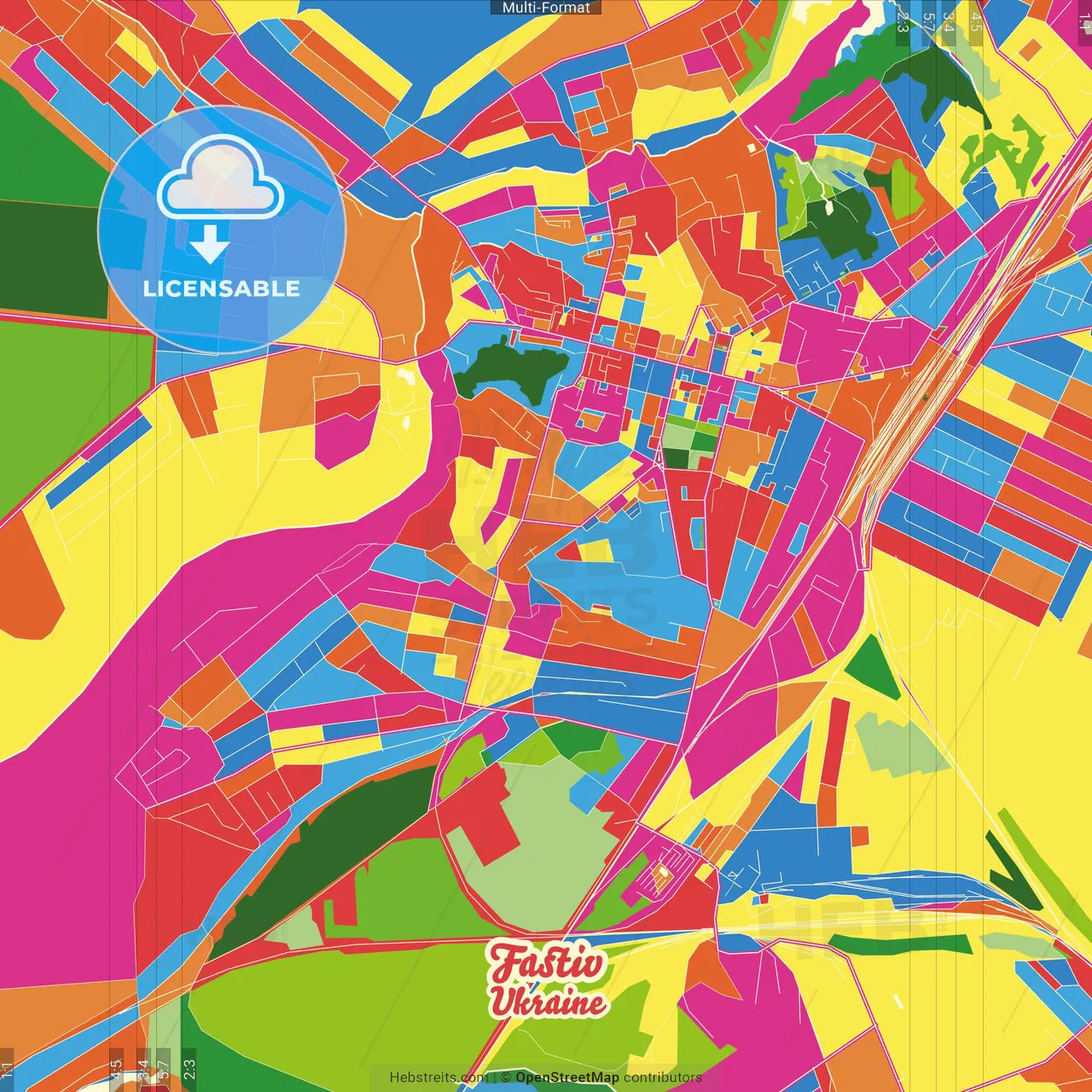 Fastiv, Kyiv Oblast, Ukraine Crazy Colorful Street Map Poster Template