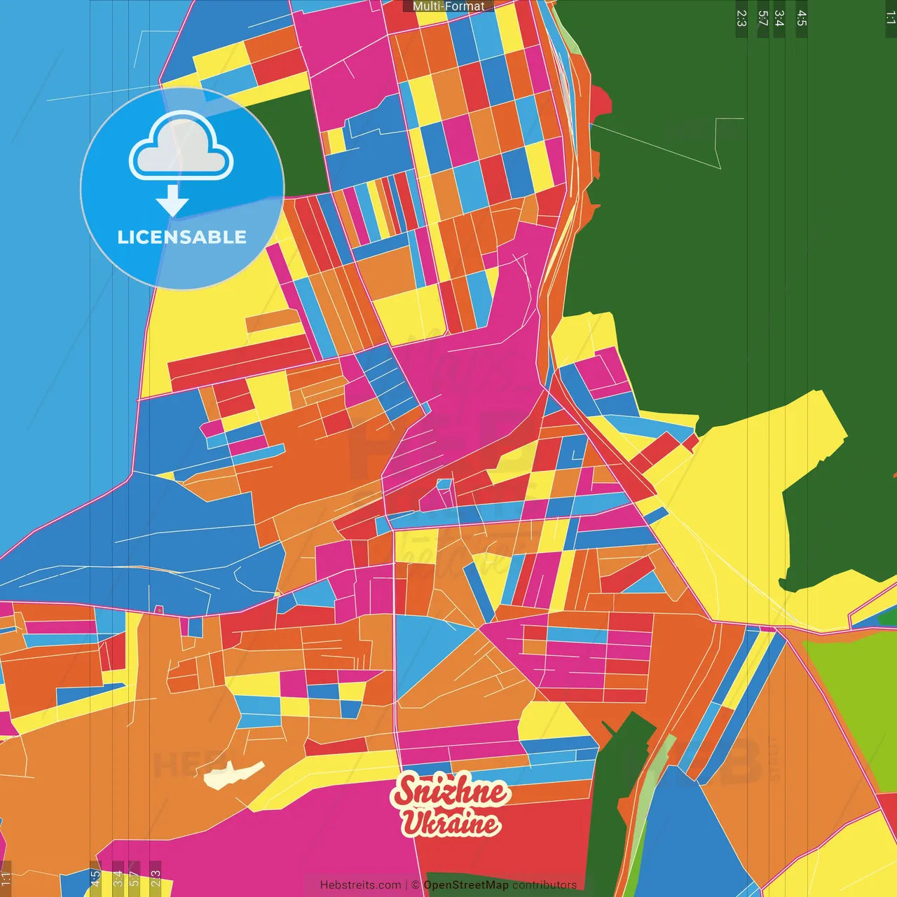 Snizhne, Donetsk Oblast, Ukraine Crazy Colorful Street Map Poster Template