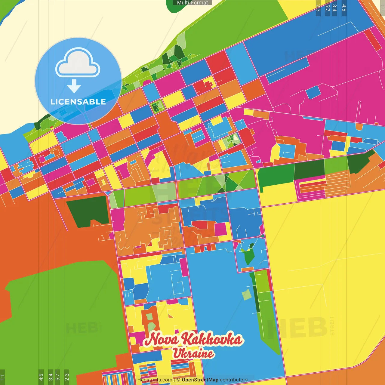 Nova Kakhovka, Kherson Oblast, Ukraine Crazy Colorful Street Map Poster Template