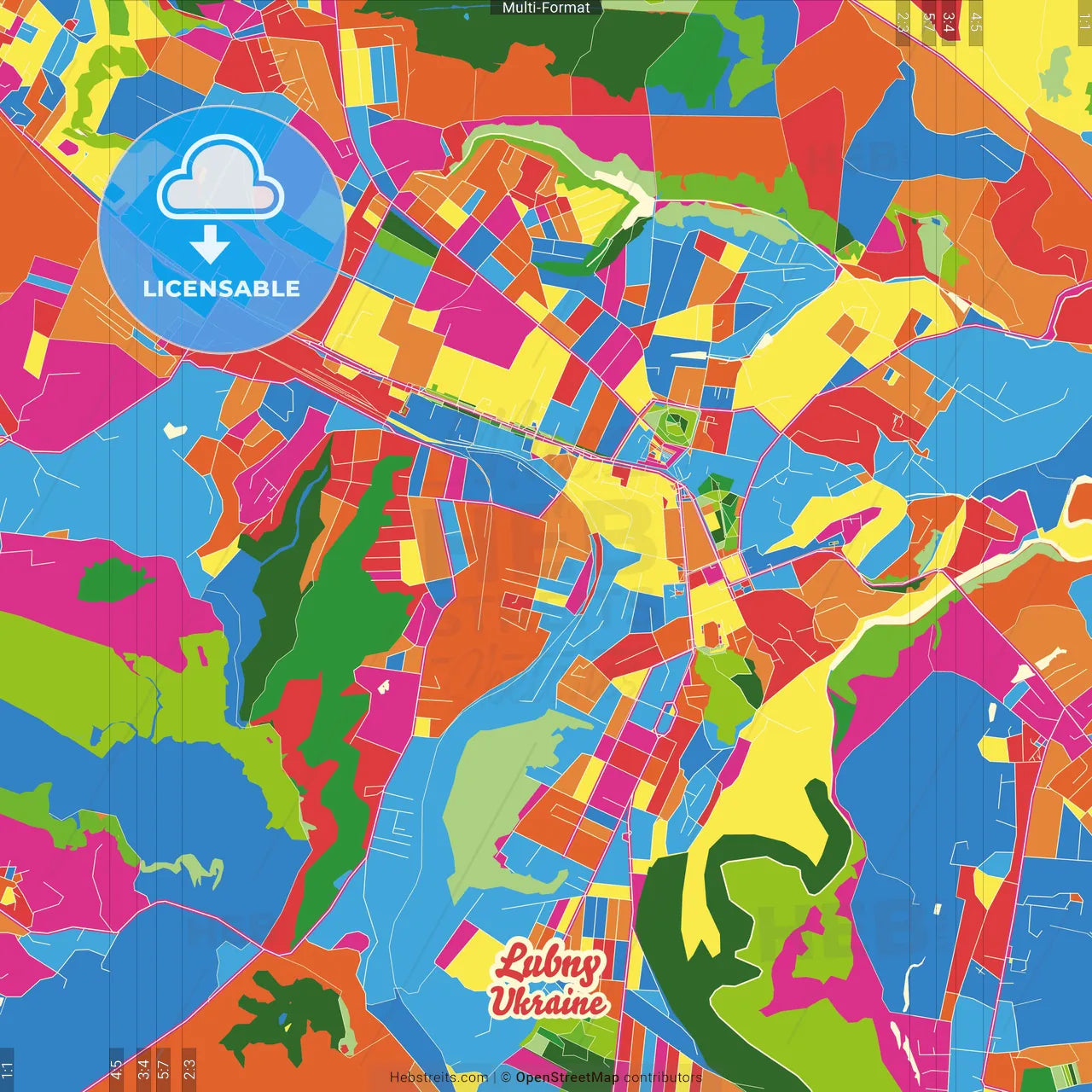 Lubny, Poltava Oblast, Ukraine Crazy Colorful Street Map Poster Template