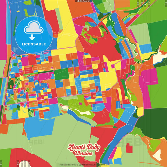 Zhovti Vody, Dnipropetrovsk Oblast, Ukraine Crazy Colorful Street Map Poster Template