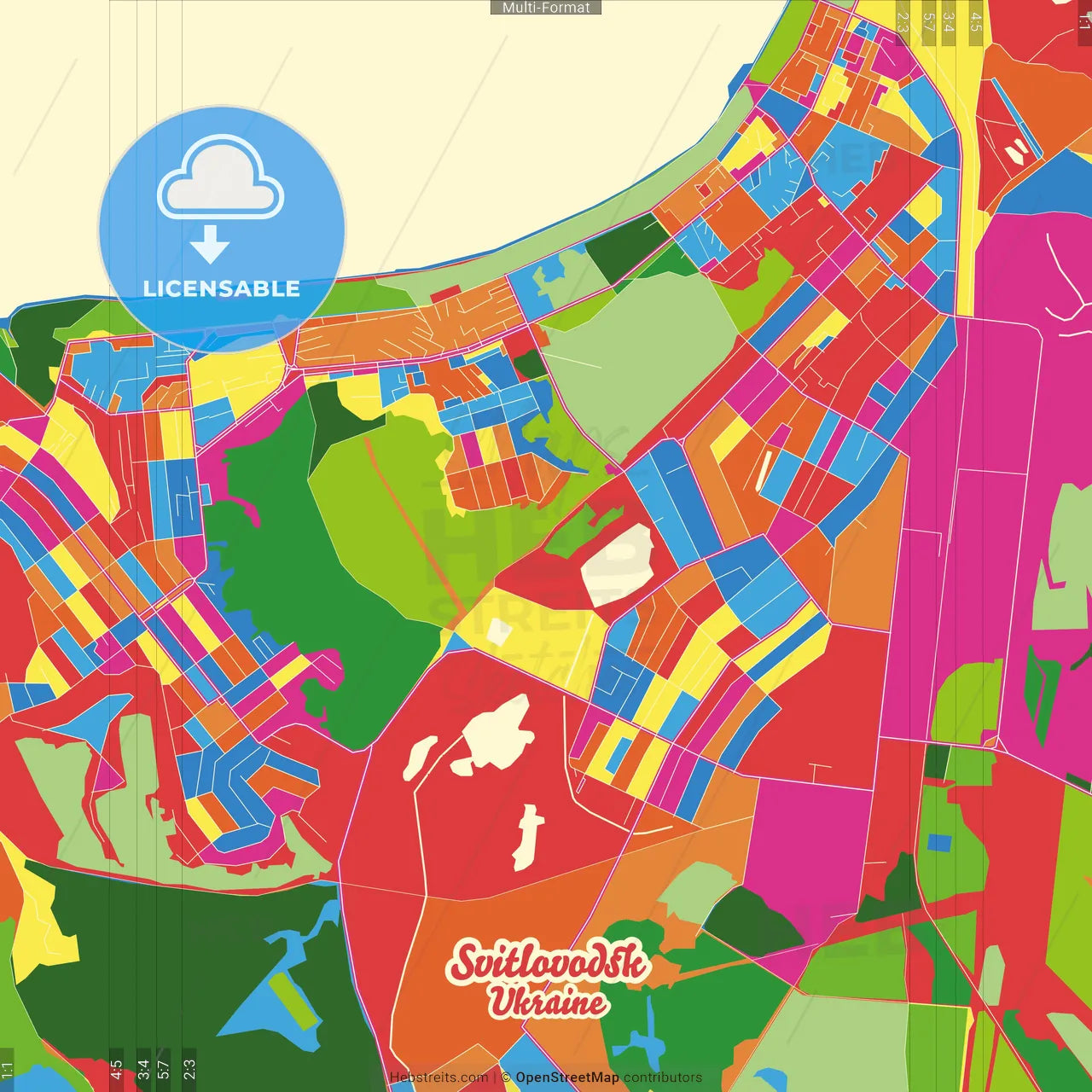 Svitlovodsk, Kirovohrad Oblast, Ukraine Crazy Colorful Street Map Poster Template
