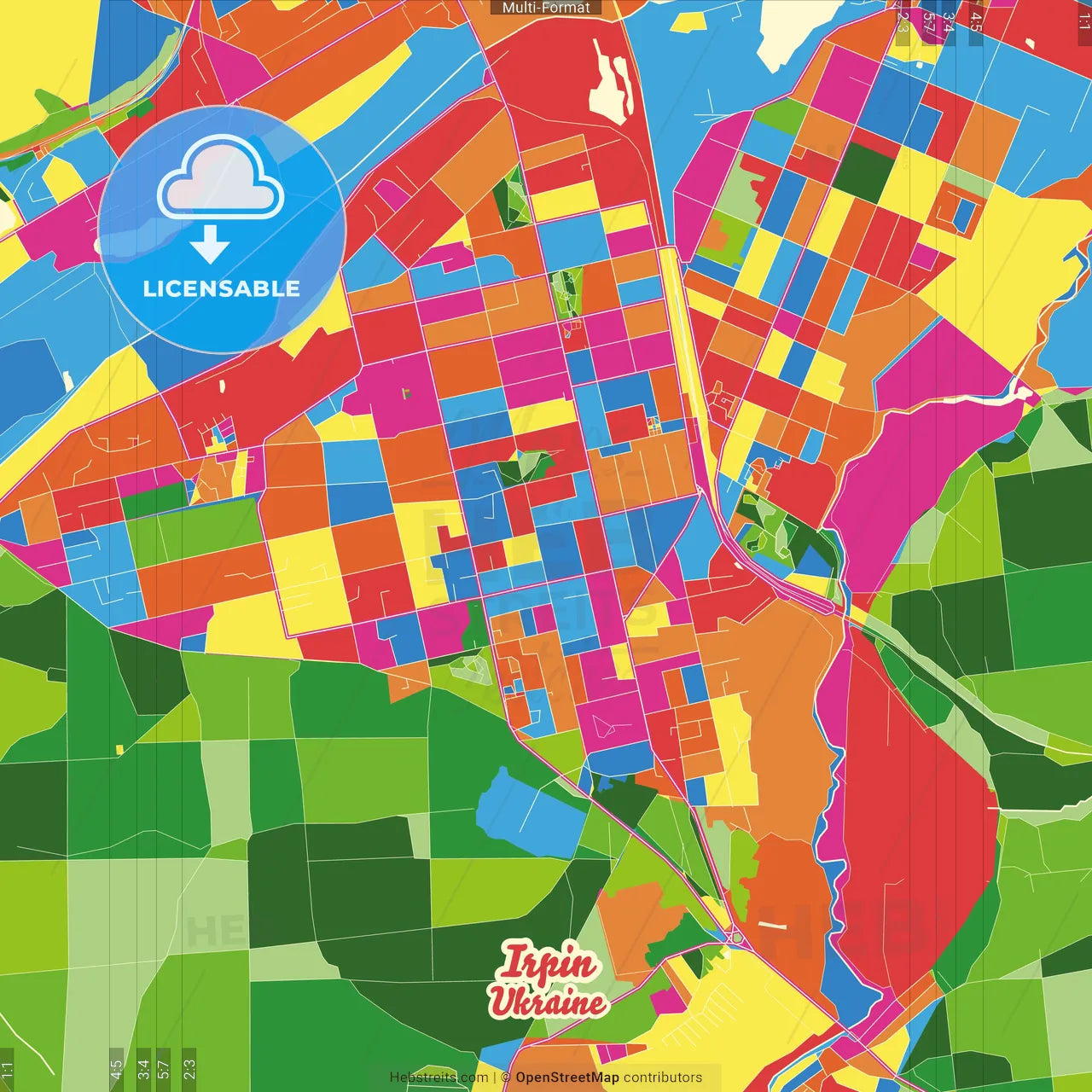 Irpin, Kyiv Oblast, Ukraine Crazy Colorful Street Map Poster Template