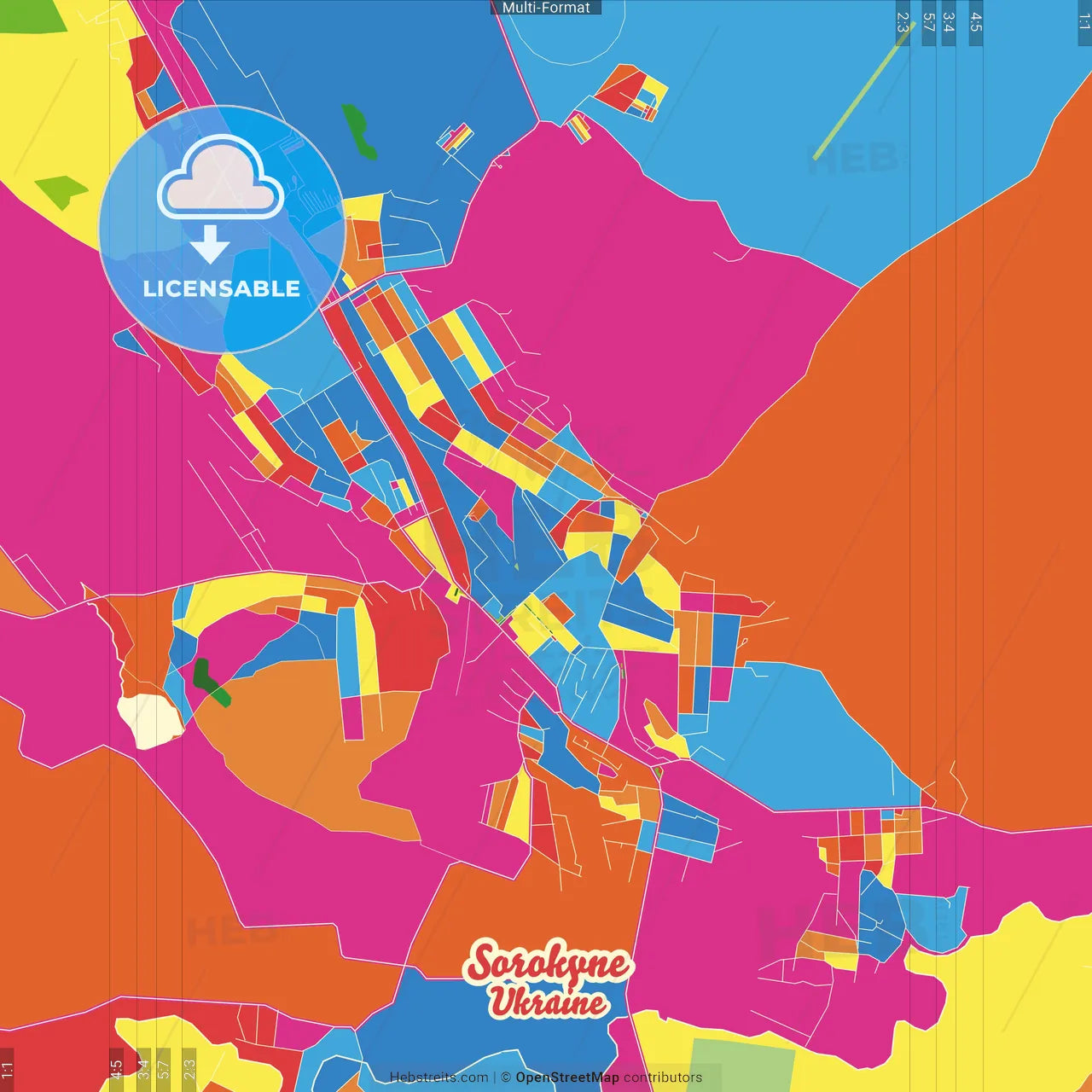 Sorokyne, Luhansk Oblast, Ukraine Crazy Colorful Street Map Poster Template