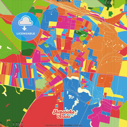 Shepetivka, Khmelnytskyi Oblast, Ukraine Crazy Colorful Street Map Poster Template