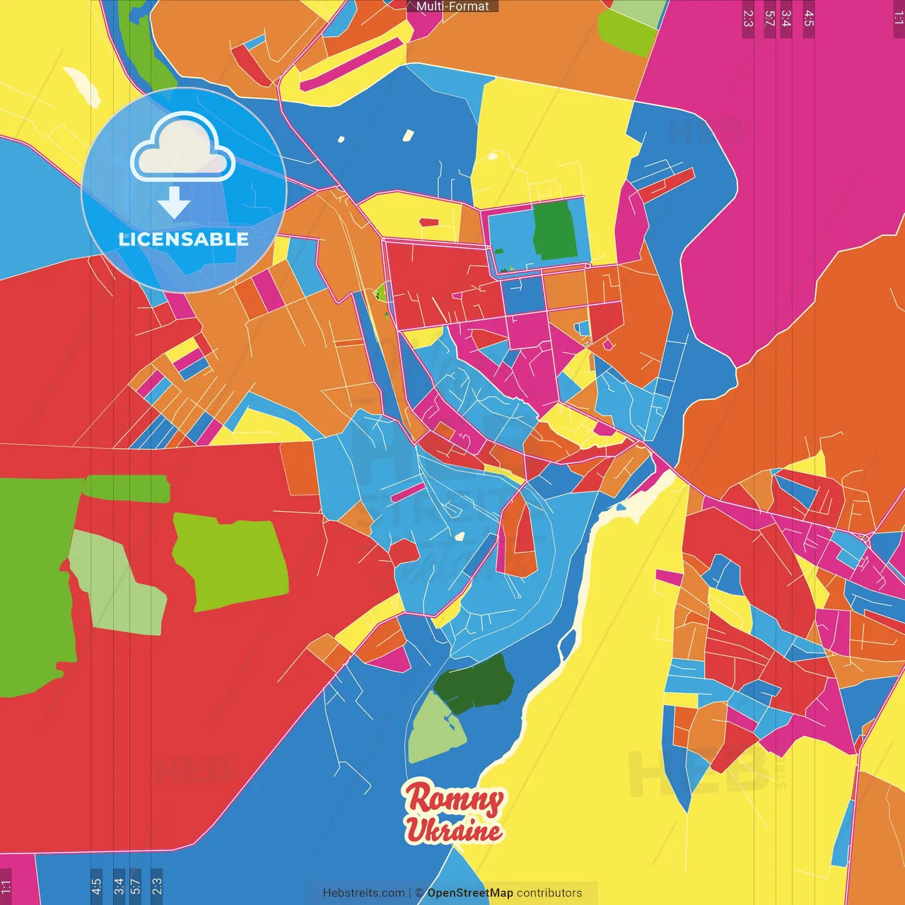 Romny, Sumy Oblast, Ukraine Crazy Colorful Street Map Poster Template