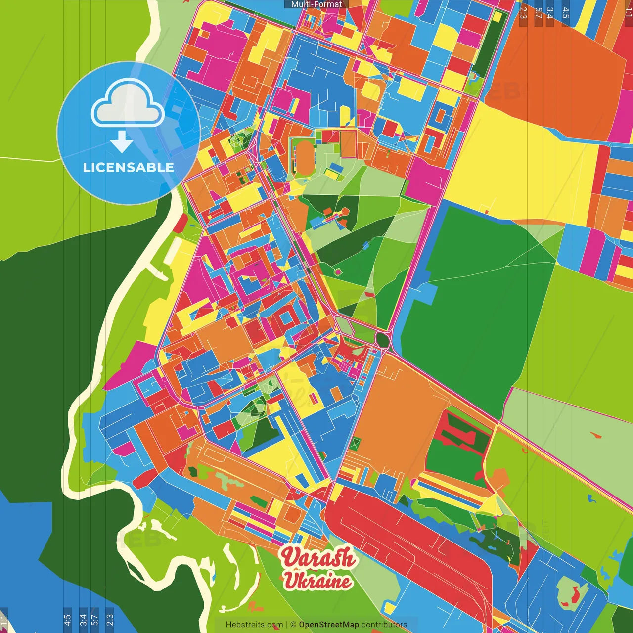 Varash, Rivne Oblast, Ukraine Crazy Colorful Street Map Poster Template