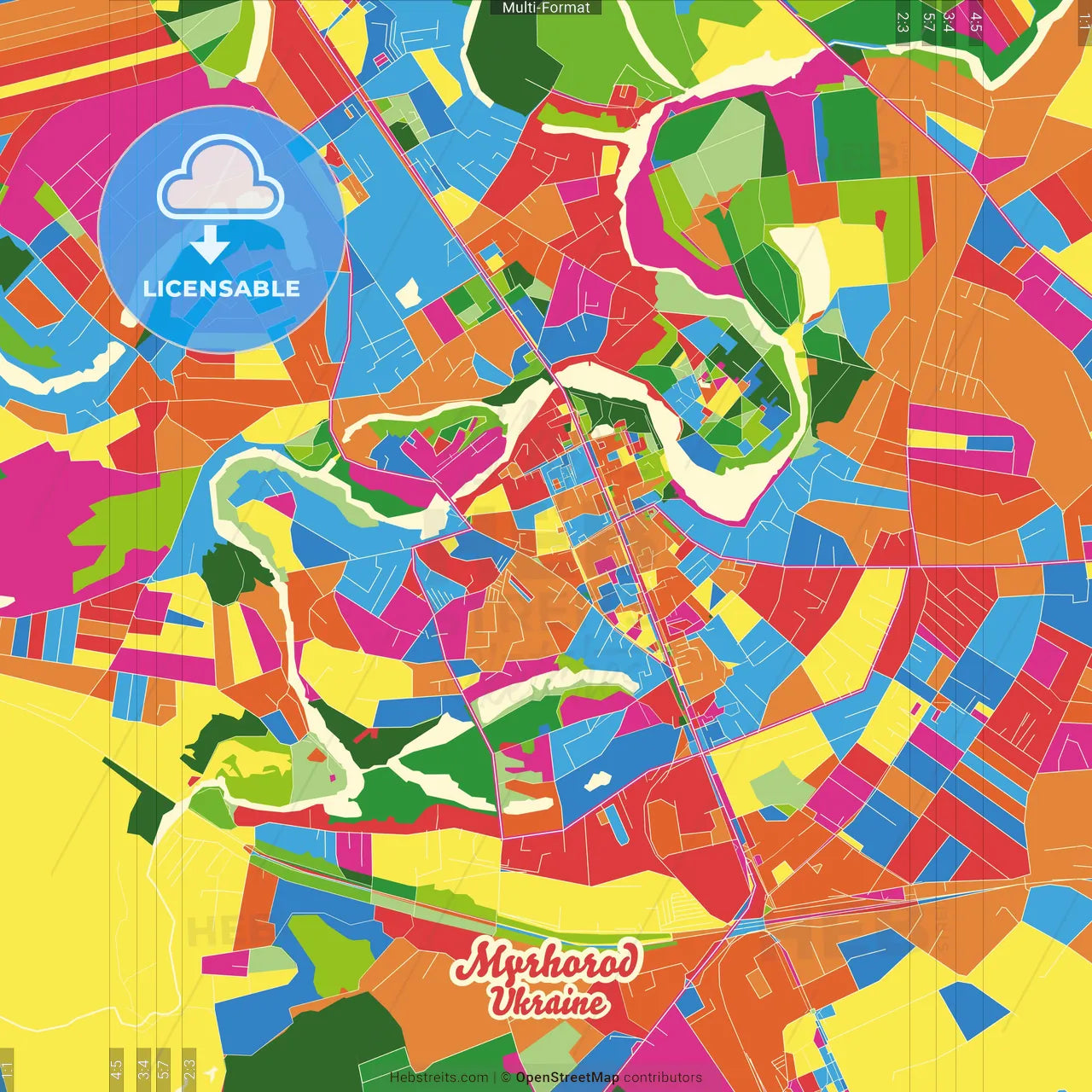 Myrhorod, Poltava Oblast, Ukraine Crazy Colorful Street Map Poster Template