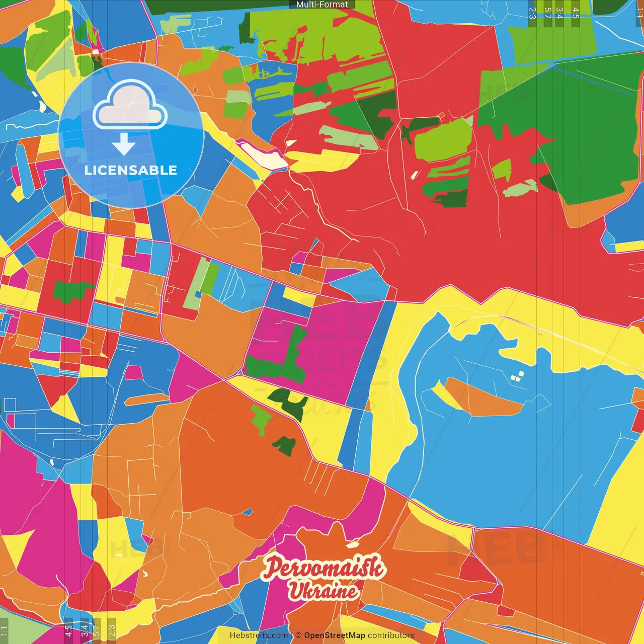 Pervomaisk, Luhansk Oblast, Ukraine Crazy Colorful Street Map Poster Template