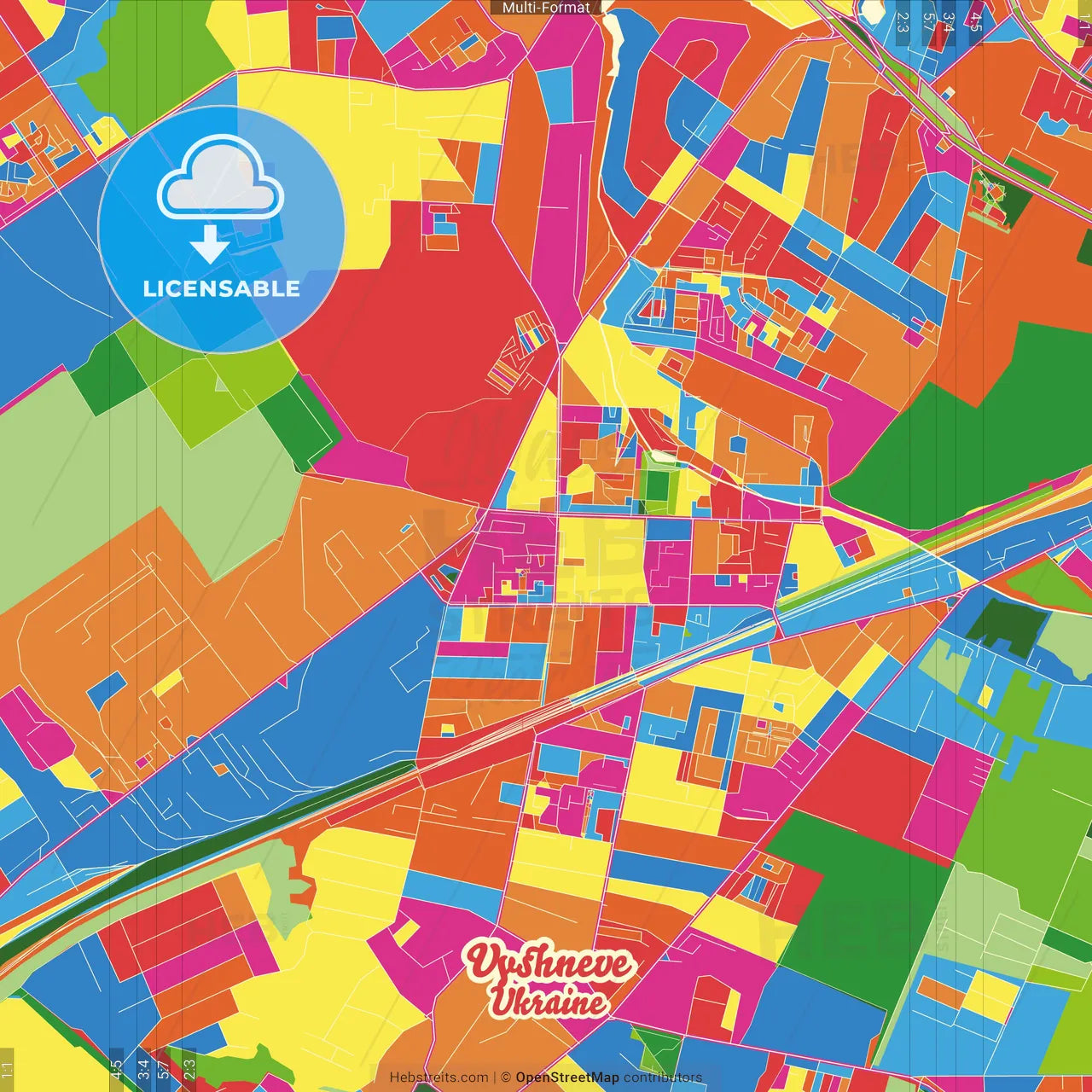 Vyshneve, Kyiv Oblast, Ukraine Crazy Colorful Street Map Poster Template
