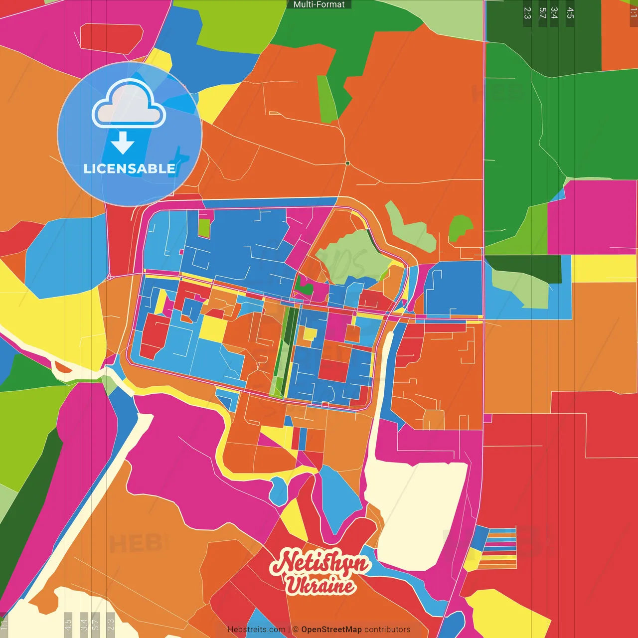 Netishyn, Khmelnytskyi Oblast, Ukraine Crazy Colorful Street Map Poster Template