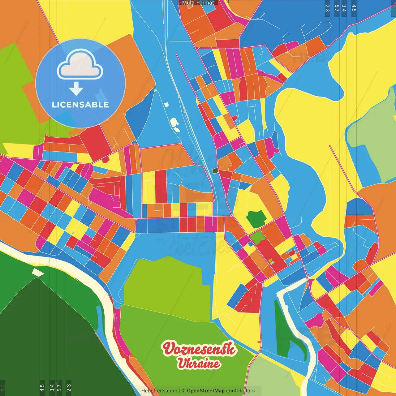 Voznesensk, Mykolaiv Oblast, Ukraine Crazy Colorful Street Map Poster Template