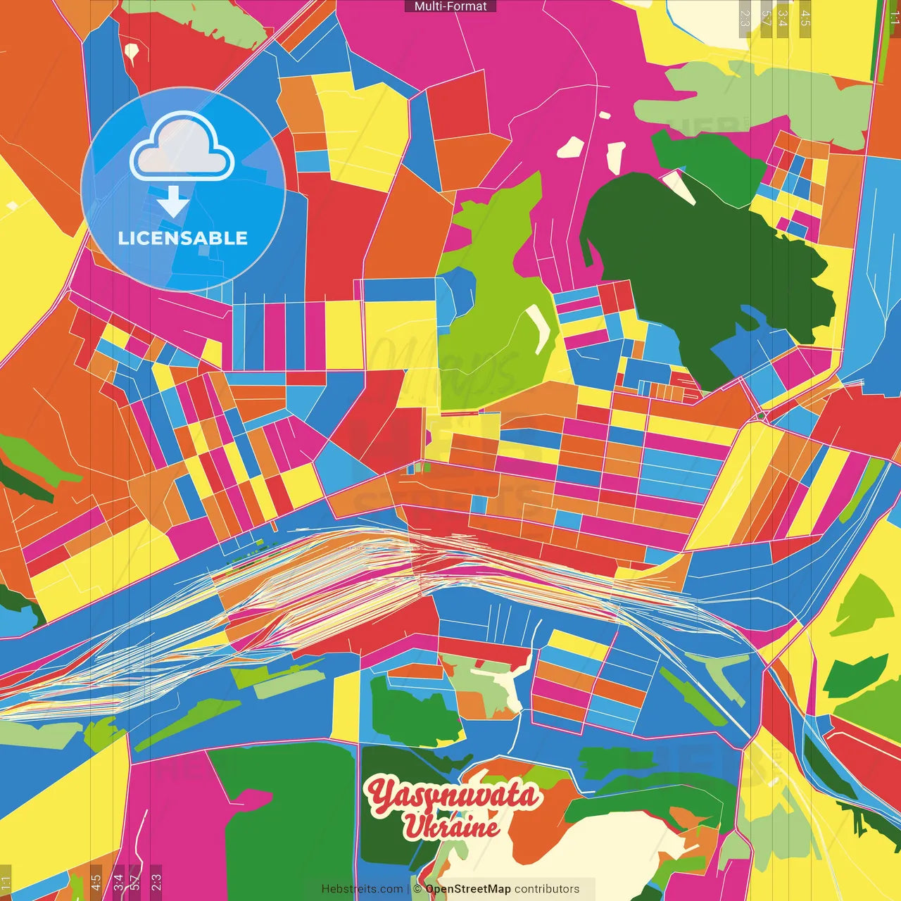 Yasynuvata, Donetsk Oblast, Ukraine Crazy Colorful Street Map Poster Template