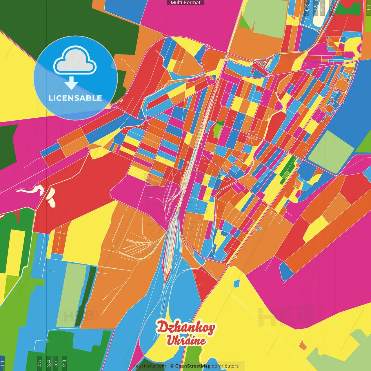 Dzhankoy, Crimea, Ukraine Crazy Colorful Street Map Poster Template