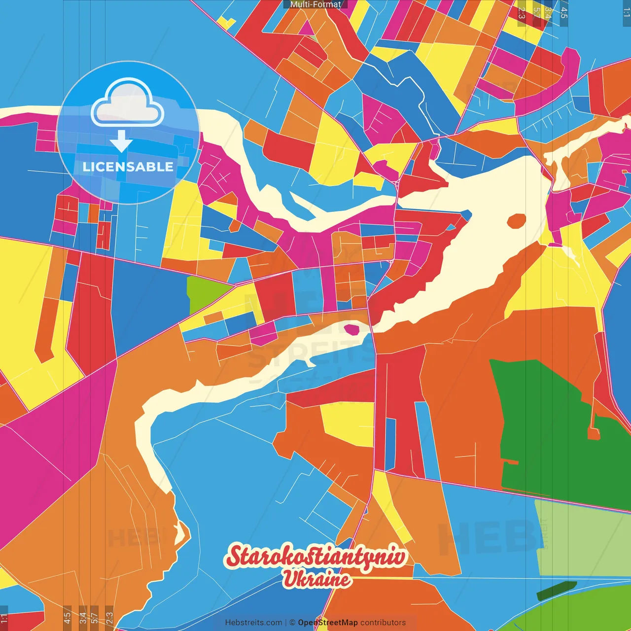 Starokostiantyniv, Khmelnytskyi Oblast, Ukraine Crazy Colorful Street Map Poster Template