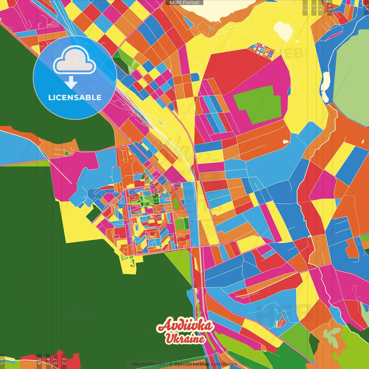 Avdiivka, Donetsk Oblast, Ukraine Crazy Colorful Street Map Poster Template