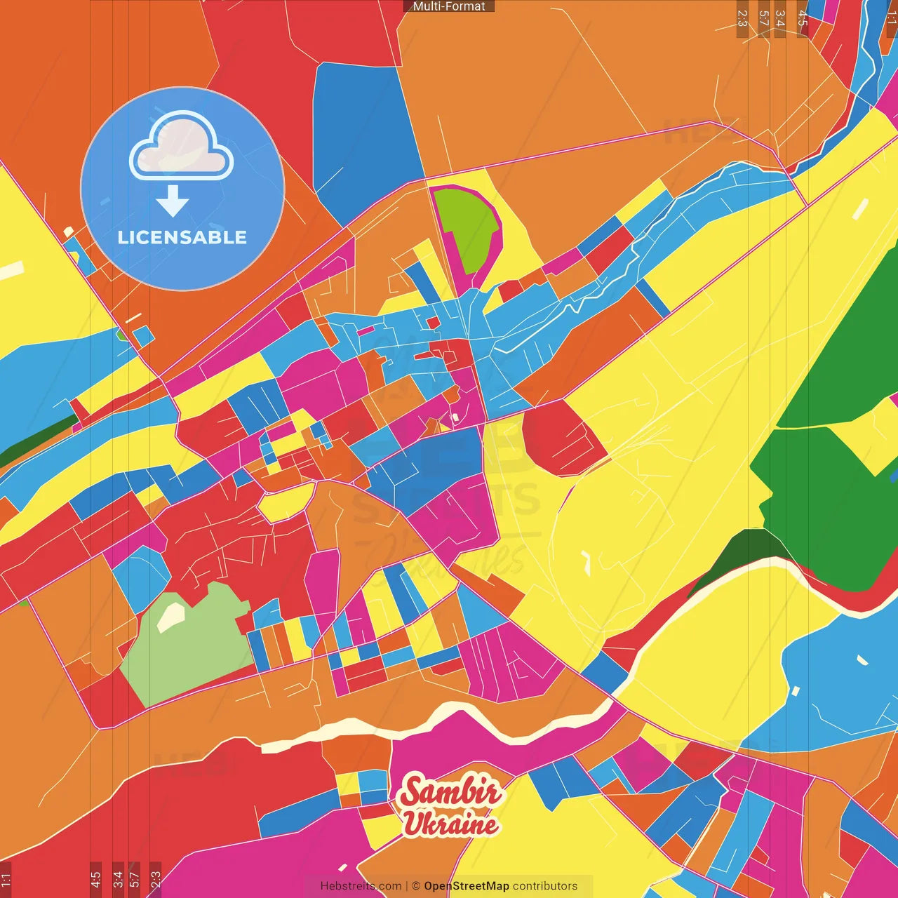 Sambir, Lviv Oblast, Ukraine Crazy Colorful Street Map Poster Template