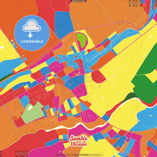 Sambir, Lviv Oblast, Ukraine Crazy Colorful Street Map Poster Template