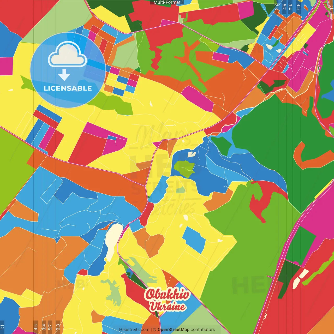 Obukhiv, Kyiv Oblast, Ukraine Crazy Colorful Street Map Poster Template