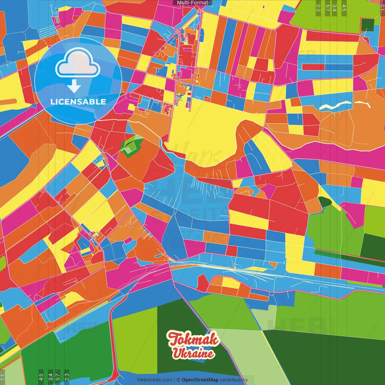 Tokmak, Zaporizhia Oblast, Ukraine Crazy Colorful Street Map Poster Template