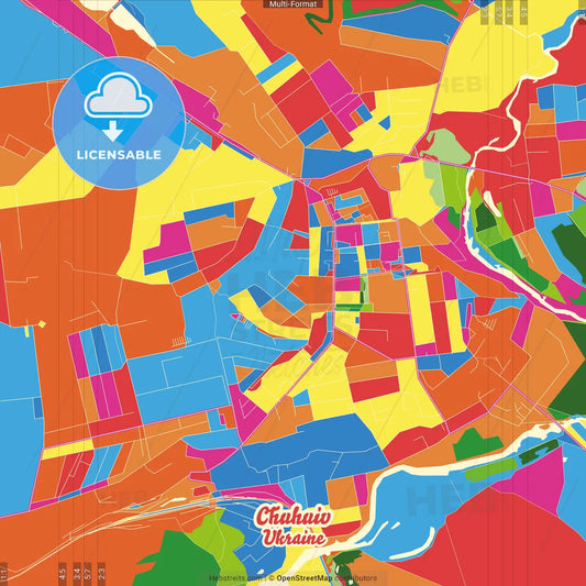 Chuhuiv, Kharkiv Oblast, Ukraine Crazy Colorful Street Map Poster Template