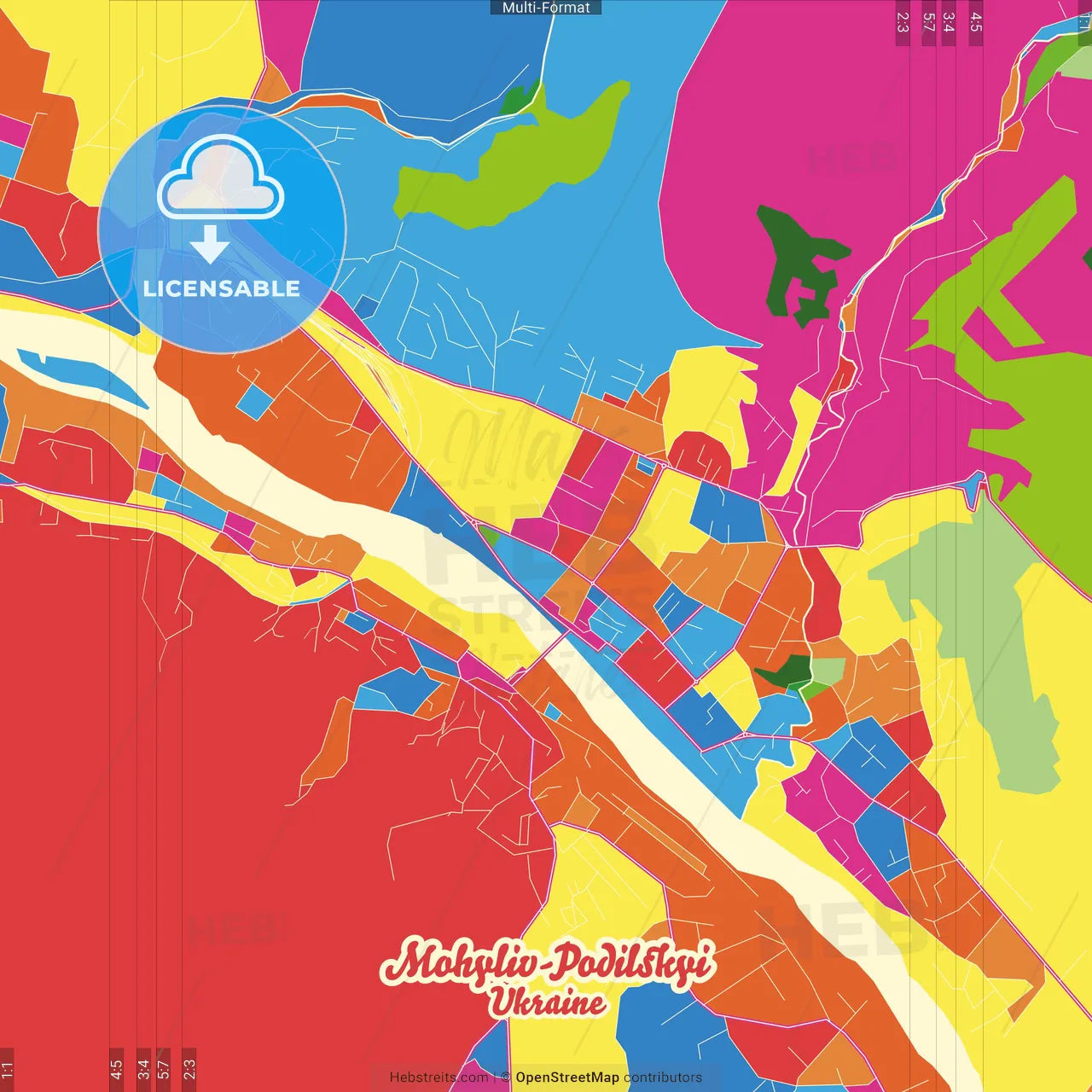 Mohyliv-Podilskyi, Vinnytsia Oblast, Ukraine Crazy Colorful Street Map Poster Template