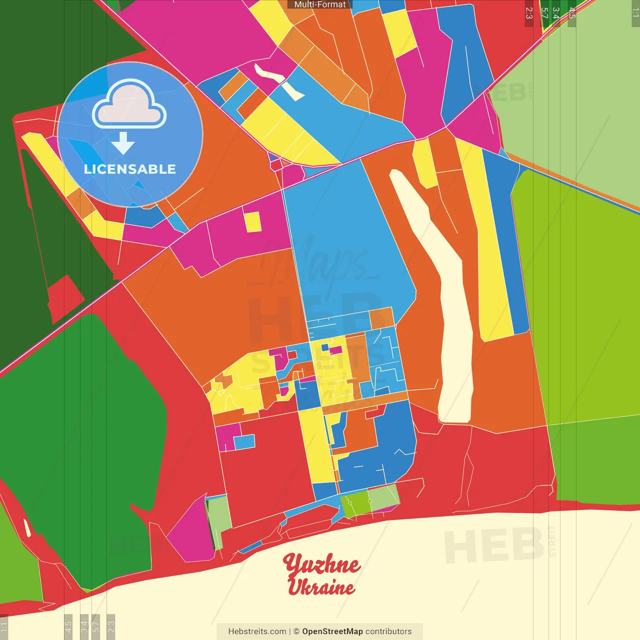 Yuzhne, Odessa Oblast, Ukraine Crazy Colorful Street Map Poster Template