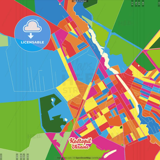 Kostopil, Rivne Oblast, Ukraine Crazy Colorful Street Map Poster Template