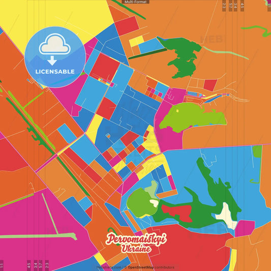 Pervomaiskyi, Kharkiv Oblast, Ukraine Crazy Colorful Street Map Poster Template