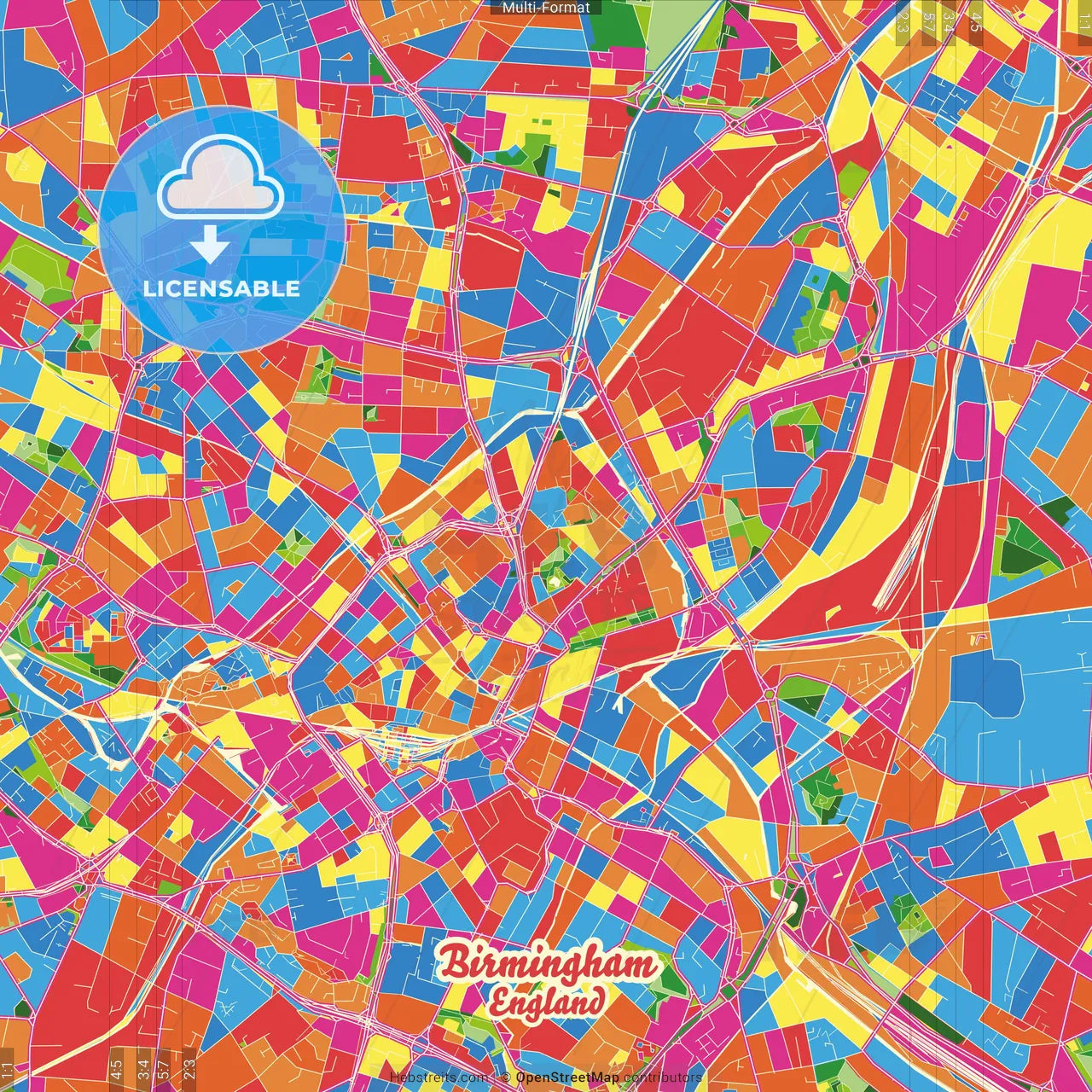 Birmingham, West Midlands, England Crazy Colorful Street Map Poster Template