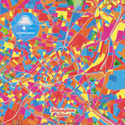 Birmingham, West Midlands, England Crazy Colorful Street Map Poster Template