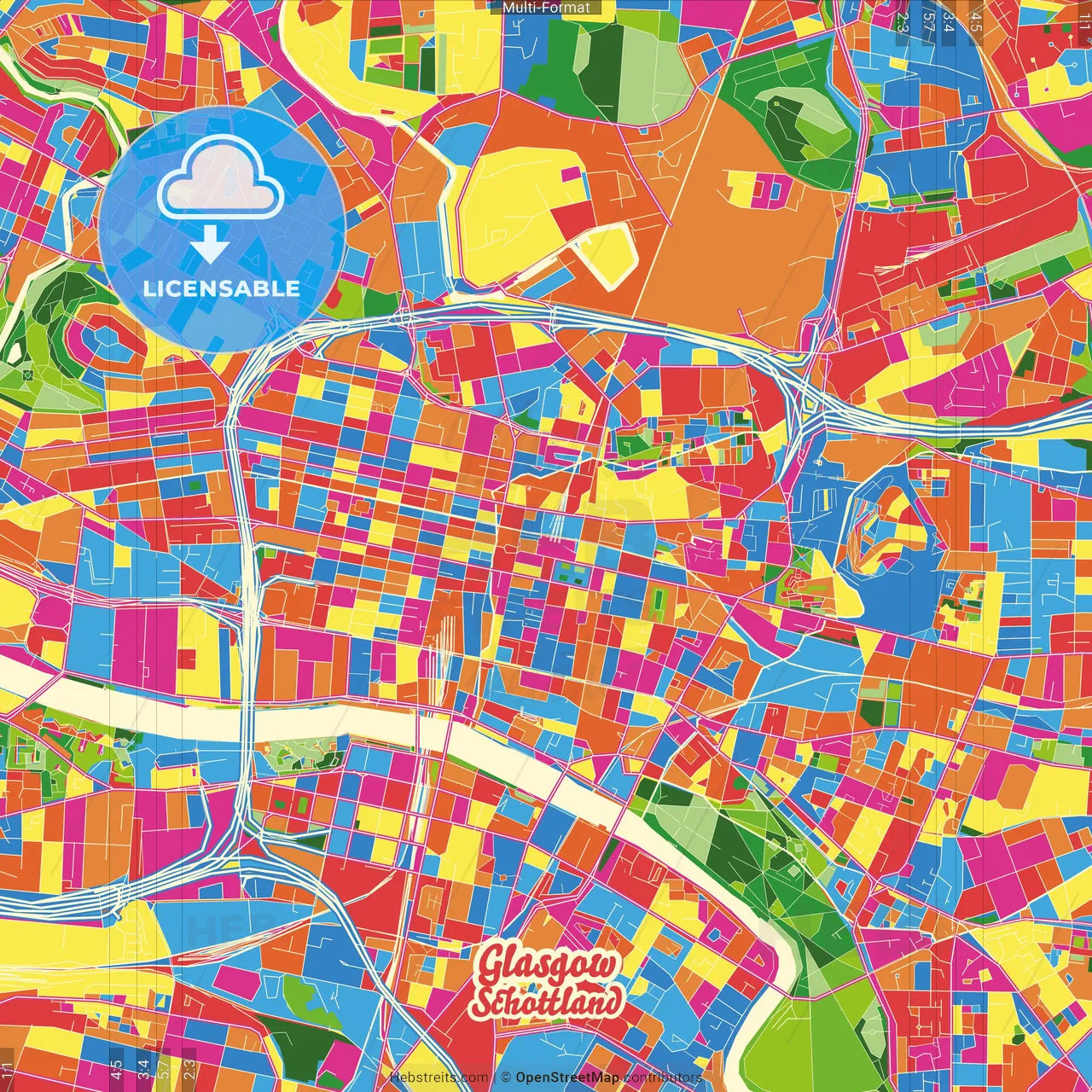Glasgow, Glasgow, Scotland Crazy Colorful Street Map Poster Template